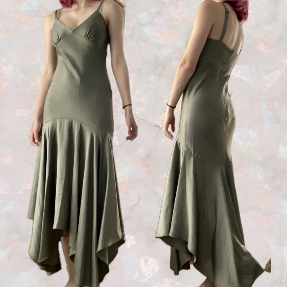 Fairycore cottage formal prom dress asymmetrical maxi wedding sage olive green